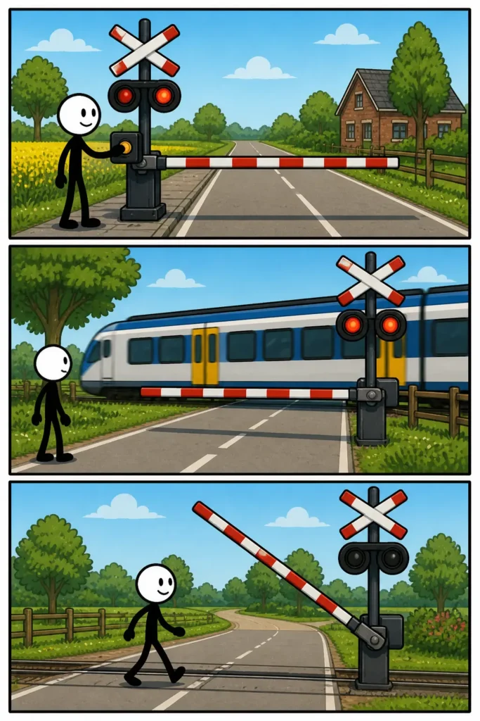 Een stickman wacht rustig bij een spoorboom die gesloten is terwijl een trein over het spoor voorbij rijdt bij een overgang.