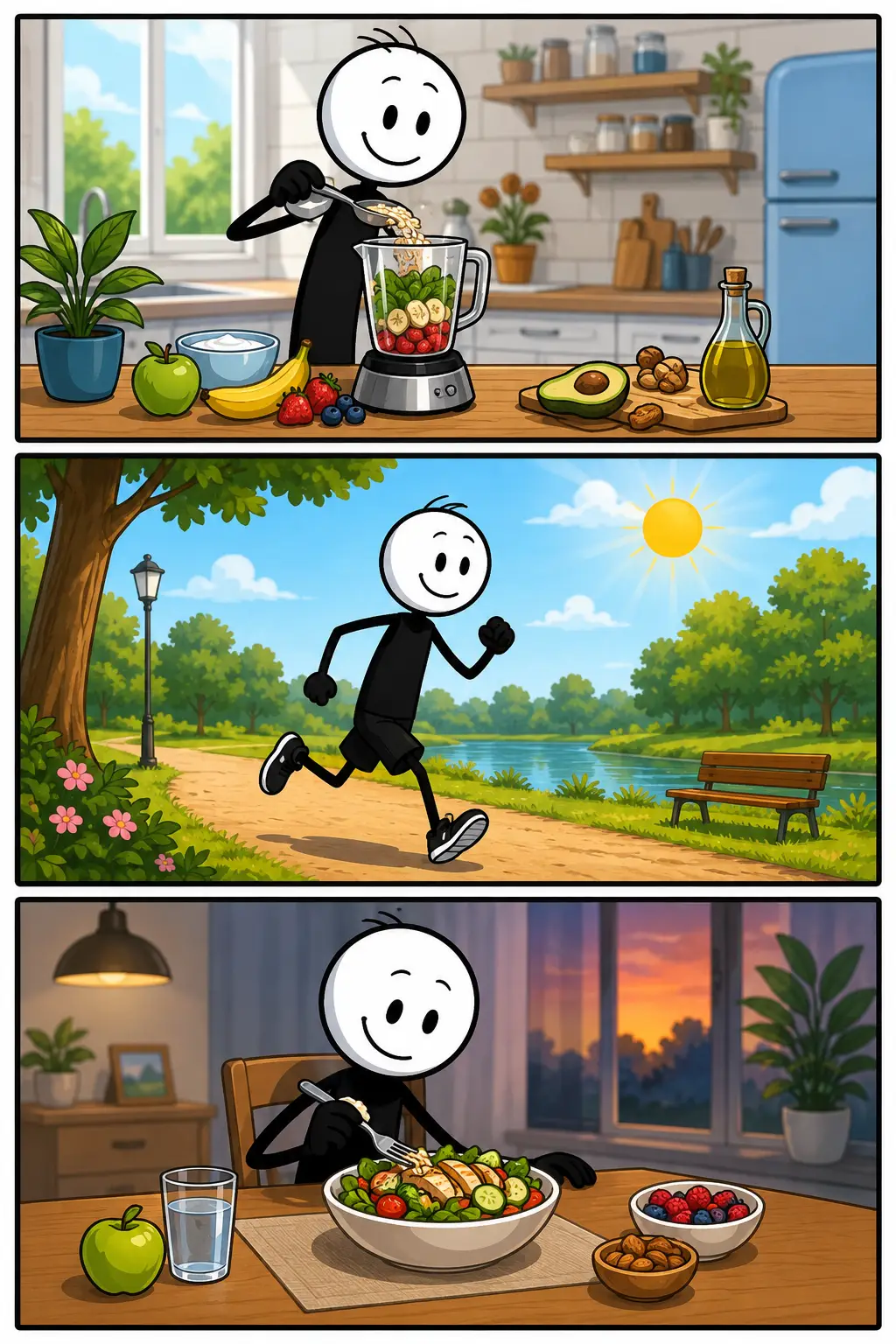 Een Toonwords-strip over een startdieet met drie panelen onder elkaar. In het eerste paneel maakt een vrolijke stickman in een moderne keuken een gezonde smoothie met fruit, havermout en yoghurt in een blender. In het tweede paneel rent de stickman energiek over een zonnig pad langs bomen en water in een groen park. In het derde paneel zit de stickman in de avond aan tafel met een grote gezonde salade, fruit, noten en een glas water terwijl buiten de zon ondergaat.