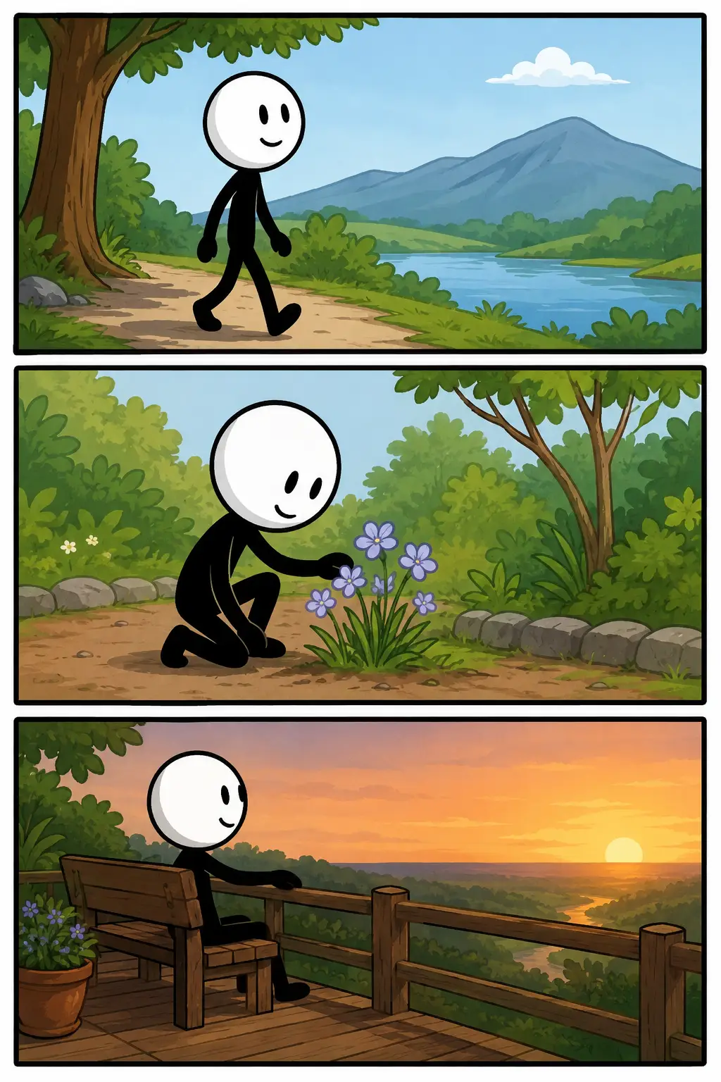 Een kleurrijke Toonwords-strip met drie panelen over het woord “Subtiel”. Een stickman met witte ronde kop en zwart lichaam loopt rustig langs een rivier in een groen landschap, knielt daarna voorzichtig bij kleine paarse bloemen in een bosrijke omgeving en zit tenslotte stil op een houten terrasbank terwijl de zon langzaam ondergaat boven een vallei. De gezichtsuitdrukking blijft kalm en vriendelijk, waardoor de zachte en rustige betekenis van subtiel zichtbaar wordt.