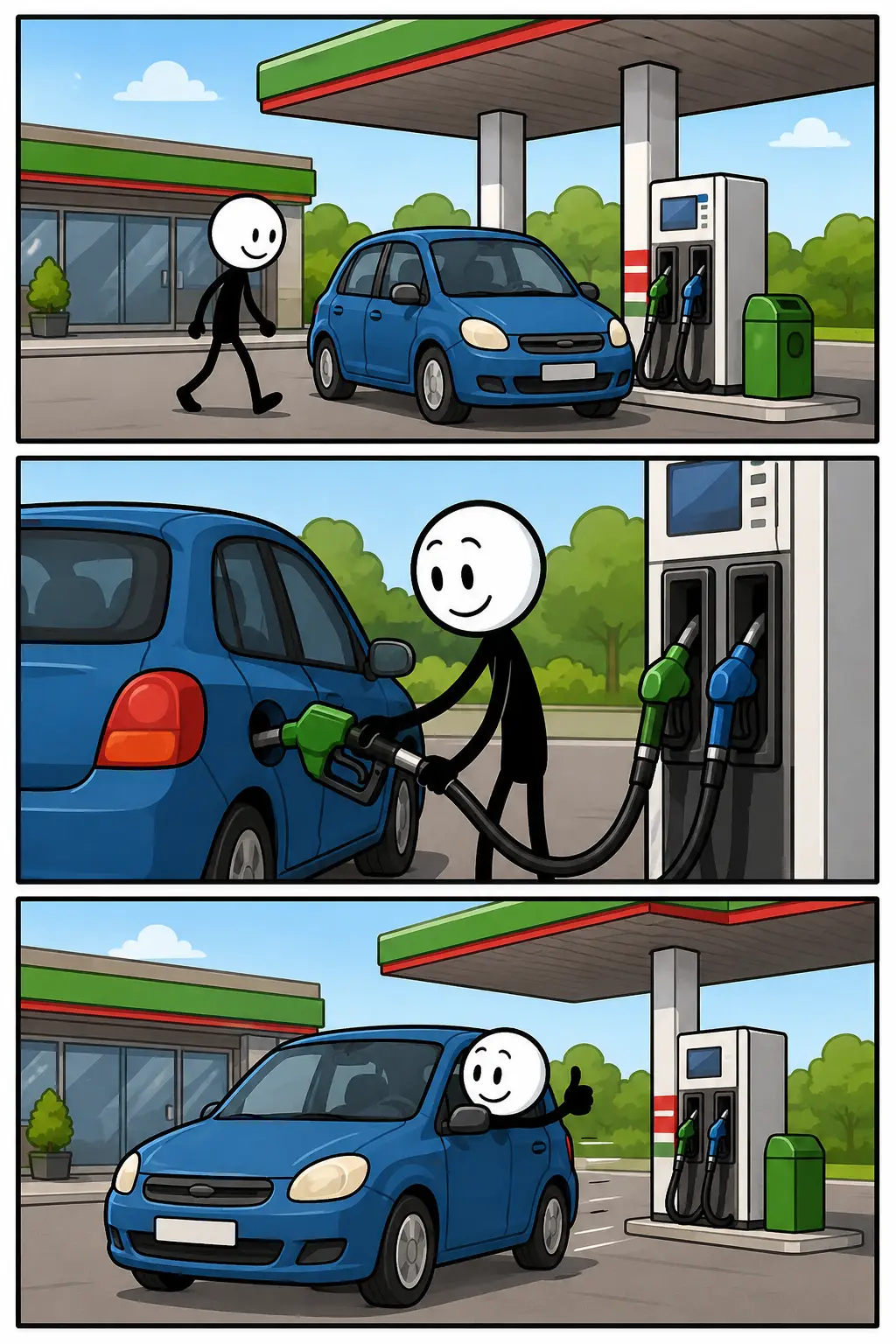 Een kleurrijke Toonwords-strip met drie panelen onder elkaar over een tankstation. Een stickman met witte ronde kop en zwart lichaam rijdt in het eerste paneel met een auto een modern tankstation op terwijl een groot dak en pompen zichtbaar zijn. In het tweede paneel vult de stickman rustig brandstof bij met een benzineslang naast de auto. In het derde paneel rekent de stickman tevreden af bij een klein winkeltje terwijl de auto klaarstaat om verder te rijden. De decors verschillen per paneel en de sfeer is positief en ontspannen.