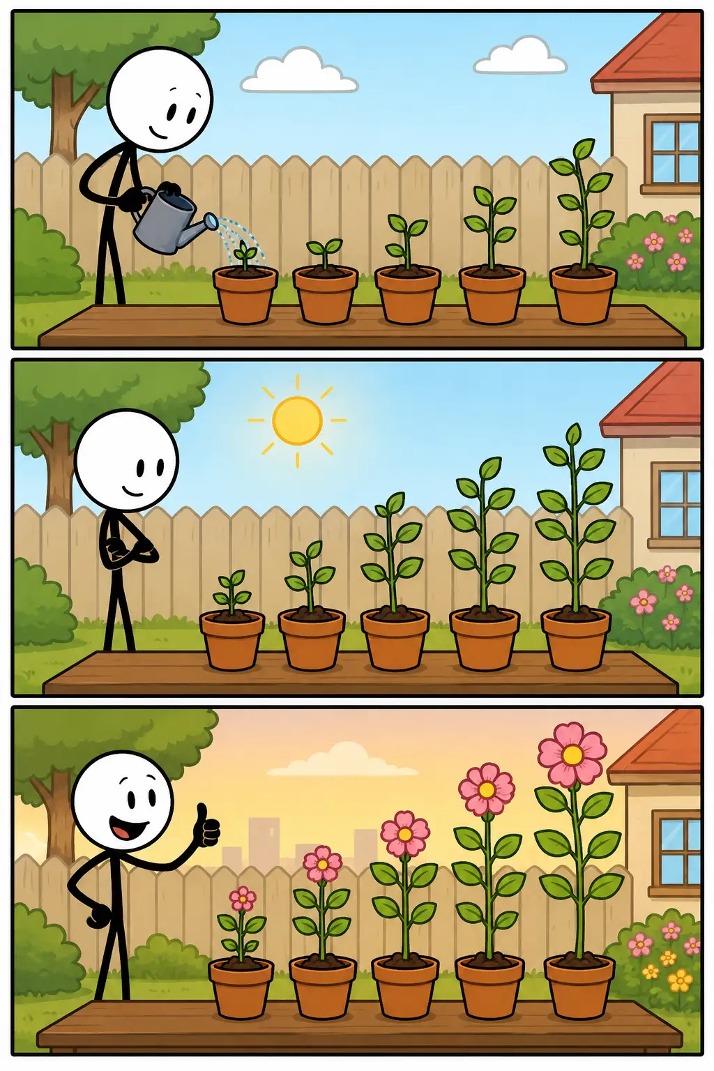 Een kleurrijke Toonwords-strip met drie panelen onder elkaar over het woord “Toename”. Een vrolijke stickman met witte ronde kop en zwart lichaam staat in een tuin naast meerdere bloempotten. In het eerste paneel geeft hij kleine plantjes water. In het tweede paneel zijn de planten groter geworden terwijl de zon schijnt. In het derde paneel bloeien hoge bloemen en steekt de stickman enthousiast een duim omhoog. De strip laat groei, ontwikkeling en een duidelijke toename zien.