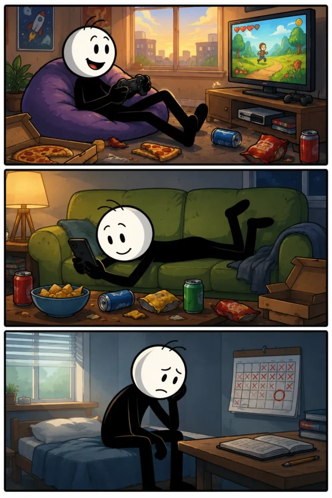 Een kleurrijke Toonwords-strip over het woord wasted. In het bovenste paneel probeert een vermoeide stickman vooruit te lopen in een drukke straat terwijl hij uitgeput kijkt. In het middelste paneel hangt de stickman moe over een tafel in een rommelige ruimte met weinig energie. In het onderste paneel ligt de stickman ontspannen uit te rusten op een bank onder zacht avondlicht terwijl de drukte verdwenen is. De strip laat een gevoel van uitputting, energieverlies en herstel zien.