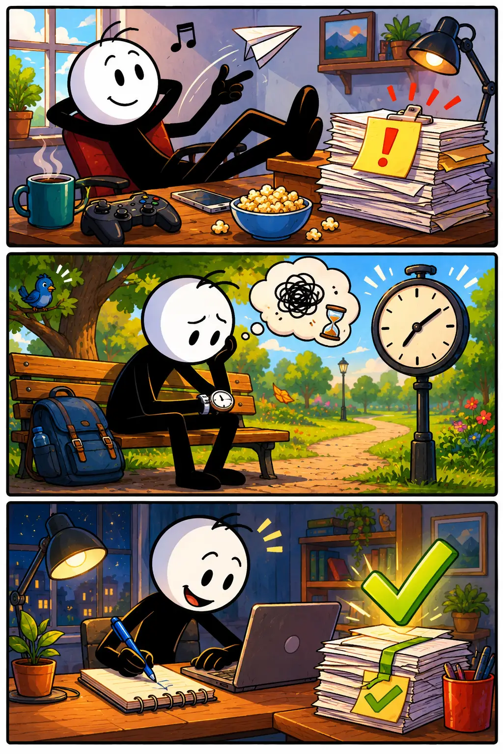 Een kleurrijke Toonwords-strip over het woord uitgesteld. In het bovenste paneel zit een stickman ontspannen achter een bureau terwijl werk blijft liggen en de aandacht ergens anders naartoe gaat. In het middelste paneel vermaakt de stickman zich met ontspanning en afleiding terwijl kostbare tijd verder tikt. In het onderste paneel beseft de stickman dat er veel tijd verloren is gegaan en begint hij alsnog geconcentreerd aan het werk. De strip laat zien hoe taken kunnen worden uitgesteld voordat ze uiteindelijk toch uitgevoerd moeten worden.