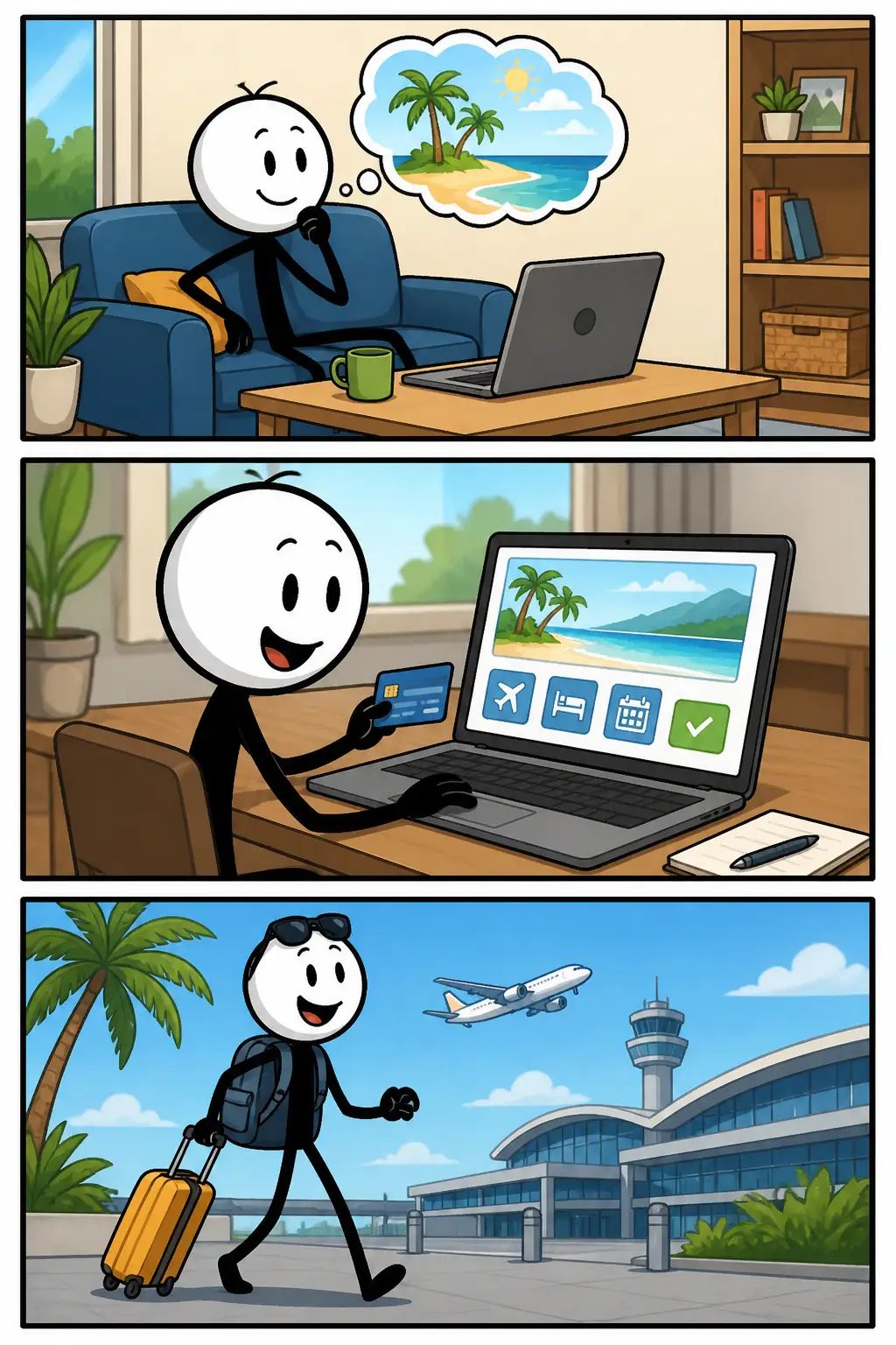 Een vakantie boeken: een stickman zit eerst achter een laptop in een gezellige woonkamer terwijl hij bestemmingen bekijkt, daarna wijst hij blij naar een wereldkaart met koffers naast zich, en in het laatste paneel bevestigt hij de boeking met een glimlach terwijl vliegtickets en een zonnetje zichtbaar zijn.