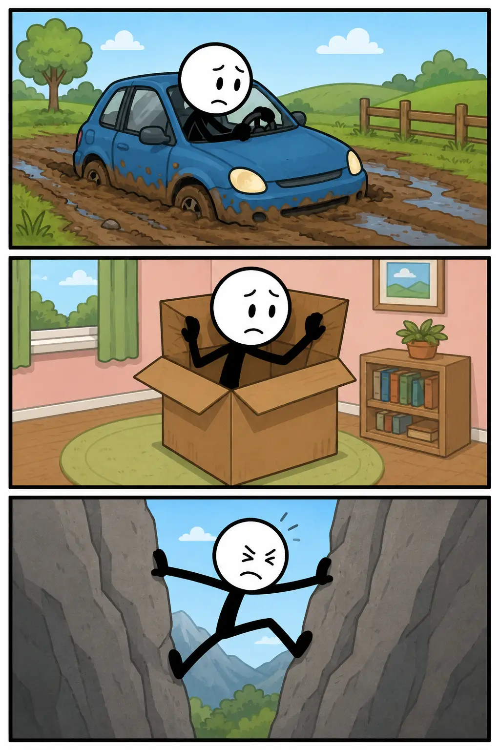 Een kleurrijke Toonwords-strip met drie panelen onder elkaar over het woord ‘Vastzitten’. In het eerste paneel probeert een stickman een deur open te trekken die niet meebeweegt. In het tweede paneel zit de stickman klem tussen grote dozen in een opslagruimte en kijkt verbaasd. In het derde paneel staat de stickman met een opgeluchte glimlach weer vrij buiten naast een losgemaakt touw. De strip laat verschillende vormen van vastzitten en weer loskomen zien in een speelse Toonwords-stijl.