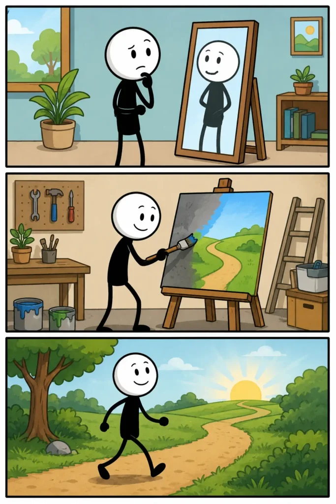 Een kleurrijke Toonwords-strip met drie panelen onder elkaar over het woord ‘Veranderen’. In het eerste paneel kijkt een stickman nadenkend in een spiegel in een rustige kamer. In het tweede paneel schildert dezelfde stickman met een glimlach een nieuw landschap op een groot doek in een creatieve werkruimte. In het derde paneel loopt de stickman ontspannen over een kronkelend pad door een zonnig groen landschap. De strip laat zien hoe veranderen begint met nadenken, gevolgd wordt door actie en uiteindelijk leidt tot een nieuwe richting.