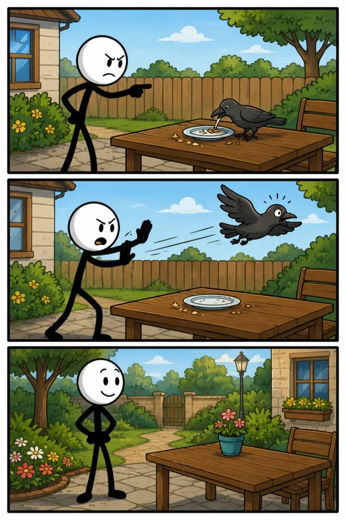 Een kleurrijke Toonwords-strip met drie panelen onder elkaar. In het eerste paneel wijst een stickman streng naar een brutale vogel die op een tuintafel zit te eten. In het tweede paneel zwaait de stickman met zijn armen terwijl de vogel geschrokken wegvliegt. In het derde paneel staat de stickman tevreden in een rustige tuin naast de lege tafel met bloemen en planten. De stickman heeft een witte ronde kop, zwart lichaam en duidelijke gezichtsuitdrukkingen in Toonwords-stijl.