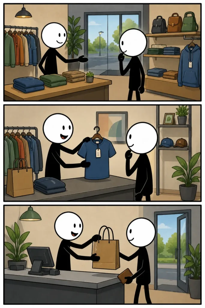 Een Toonwords-strip in drie verticale panelen over verkopen. Een stickman met witte kop en zwart lichaam helpt eerst iemand in een winkelomgeving. In het tweede paneel laat de stickman met enthousiasme een product zien. In het derde paneel wisselen twee stickmannen tevreden een tas en betaling uit bij een toonbank.