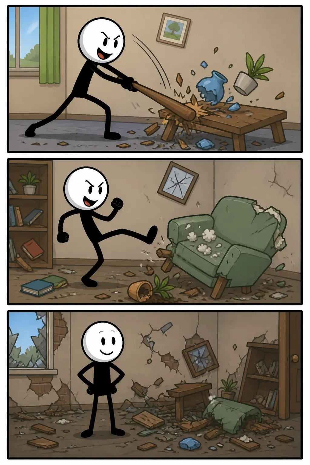 Vernieling: een stickman staat eerst nieuwsgierig bij een object in een stedelijke omgeving, daarna slaat hij het stuk waardoor onderdelen kapot gaan, en in het laatste paneel kijkt hij naar de schade terwijl brokstukken verspreid op de grond liggen.