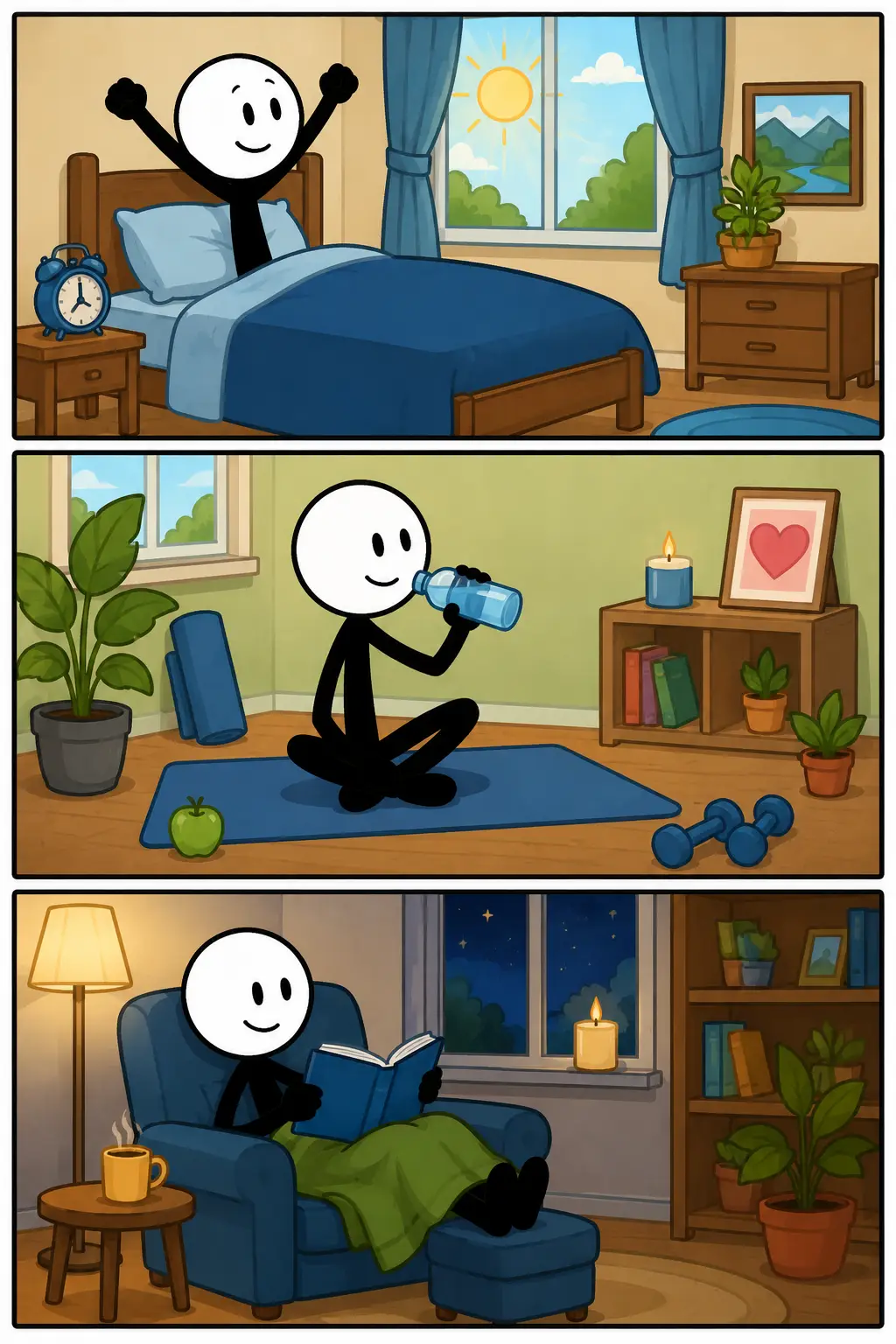 Een kleurrijke Toonwords-strip met drie panelen onder elkaar over het woord “Voor jezelf zorgen”. Een stickman met witte ronde kop en zwart lichaam voert verschillende gezonde activiteiten uit in een rustige omgeving. In het eerste paneel neemt hij bewust tijd voor rust en ontspanning. In het tweede paneel eet en drinkt hij gezond aan een nette tafel. In het derde paneel beweegt hij vrolijk buiten in de natuur met een tevreden uitstraling. De strip laat zien hoe goed voor jezelf zorgen helpt om gezond, energiek en in balans te blijven.