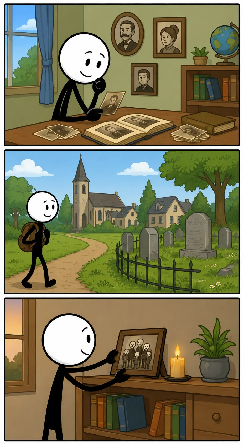 Een kleurrijke Toonwords-strip met drie panelen onder elkaar over voorouders. In het eerste paneel bekijkt een vrolijke stickman oude zwart-witfoto’s aan een houten tafel in een warme kamer. In het tweede paneel wandelt de stickman langs oude familiefoto’s en schilderijen in een lange gang van een historisch huis. In het derde paneel staat de stickman buiten bij een grote stamboom terwijl oudere familieleden als herinneringen op de achtergrond zichtbaar zijn. De stickman heeft een witte kop, zwart lichaam en positieve gezichtsuitdrukking.