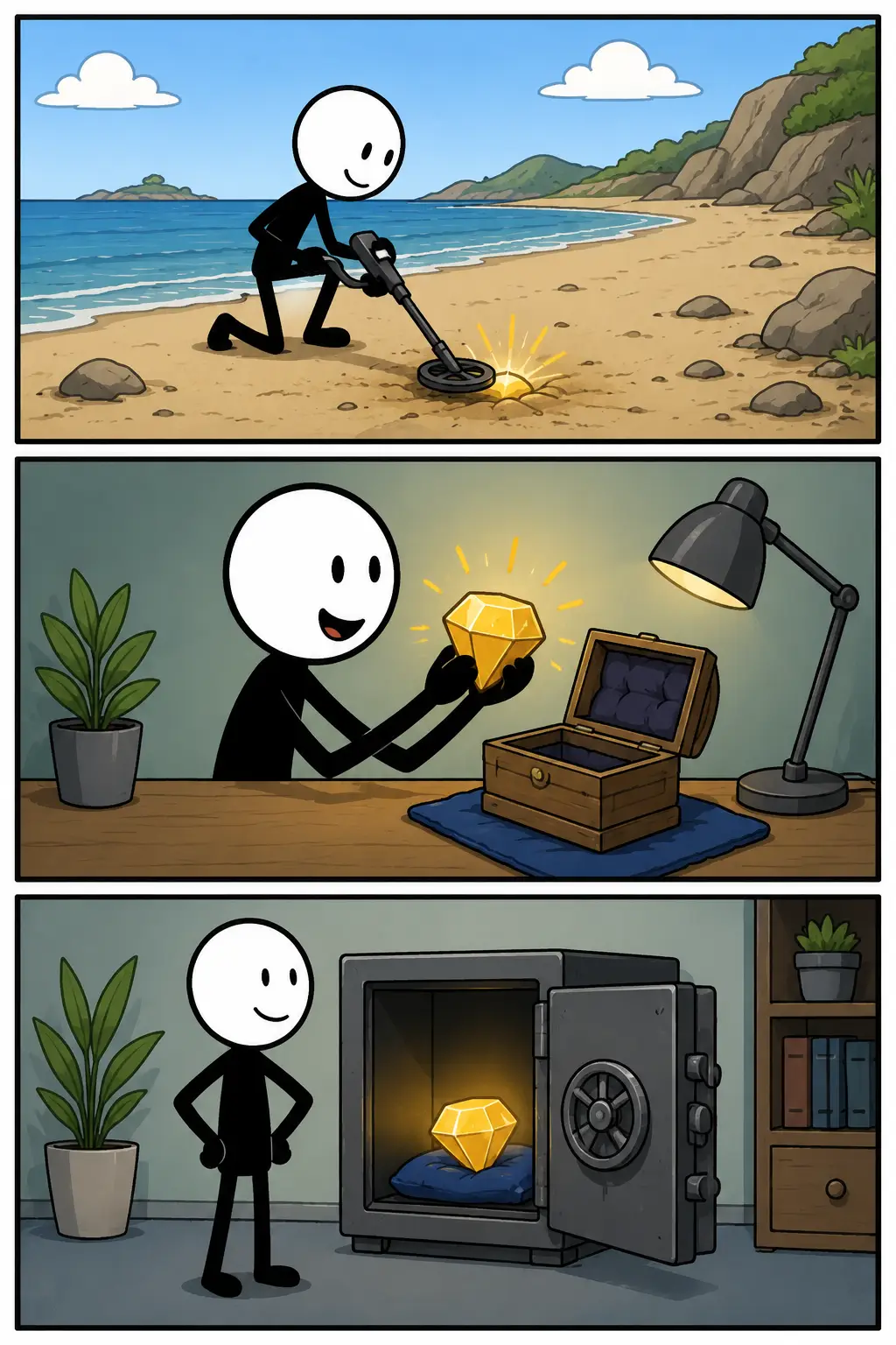 Een Toonwords-strip in drie verticale panelen over waardevol. Een stickman met witte kop en zwart lichaam ontdekt eerst een bijzonder voorwerp in een rustige ruimte. In het tweede paneel beschermt en bewaart de stickman iets met grote aandacht. In het derde paneel deelt de stickman trots iets belangrijks met anderen, terwijl de omgeving warm en positief aanvoelt.