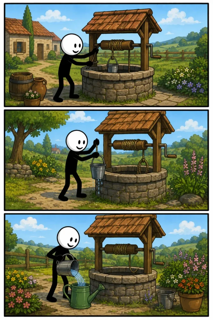 Een kleurrijke Toonwords-strip met drie panelen over een waterput. In het eerste paneel draait een vrolijke stickman aan een houten zwengel boven een stenen waterput op het platteland. In het tweede paneel haalt de stickman een emmer vol water omhoog terwijl druppels langs de emmer naar beneden vallen. In het derde paneel giet de stickman het water uit de emmer in een groene gieter naast bloemen en planten bij de oude waterput.