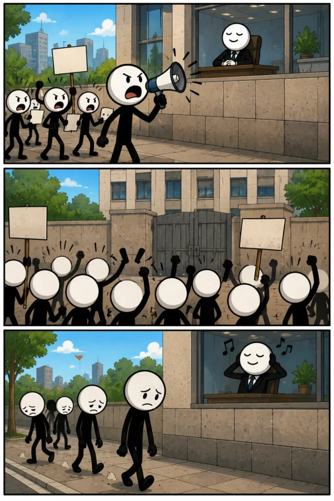 Een Toonwords-strip in drie panelen over We worden niet gehoord. In het eerste paneel roept een boze stickman met een megafoon naar een bestuurder achter een raam. In het tweede paneel protesteert een groep stickmannen voor een gesloten hek met lege borden in de lucht. In het derde paneel lopen verdrietige stickmannen weg terwijl de bestuurder binnen rustig muziek luistert en hen negeert.