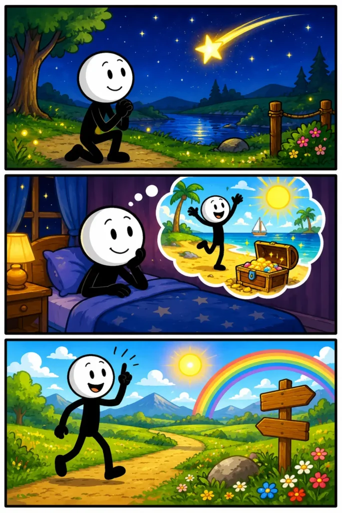 Een kleurrijke Toonwords-strip met drie panelen onder elkaar over het woord wens. In het eerste paneel kijkt een stickman onder een sterrenhemel naar een vallende ster bij een rivier. In het tweede paneel denkt de stickman in bed aan een zonnig eiland met een schatkist. In het derde paneel loopt de vrolijke stickman door een groen landschap met een regenboog en een houten wegwijzer. De stickman heeft een witte kop, zwart lichaam en een blije gezichtsuitdrukking.