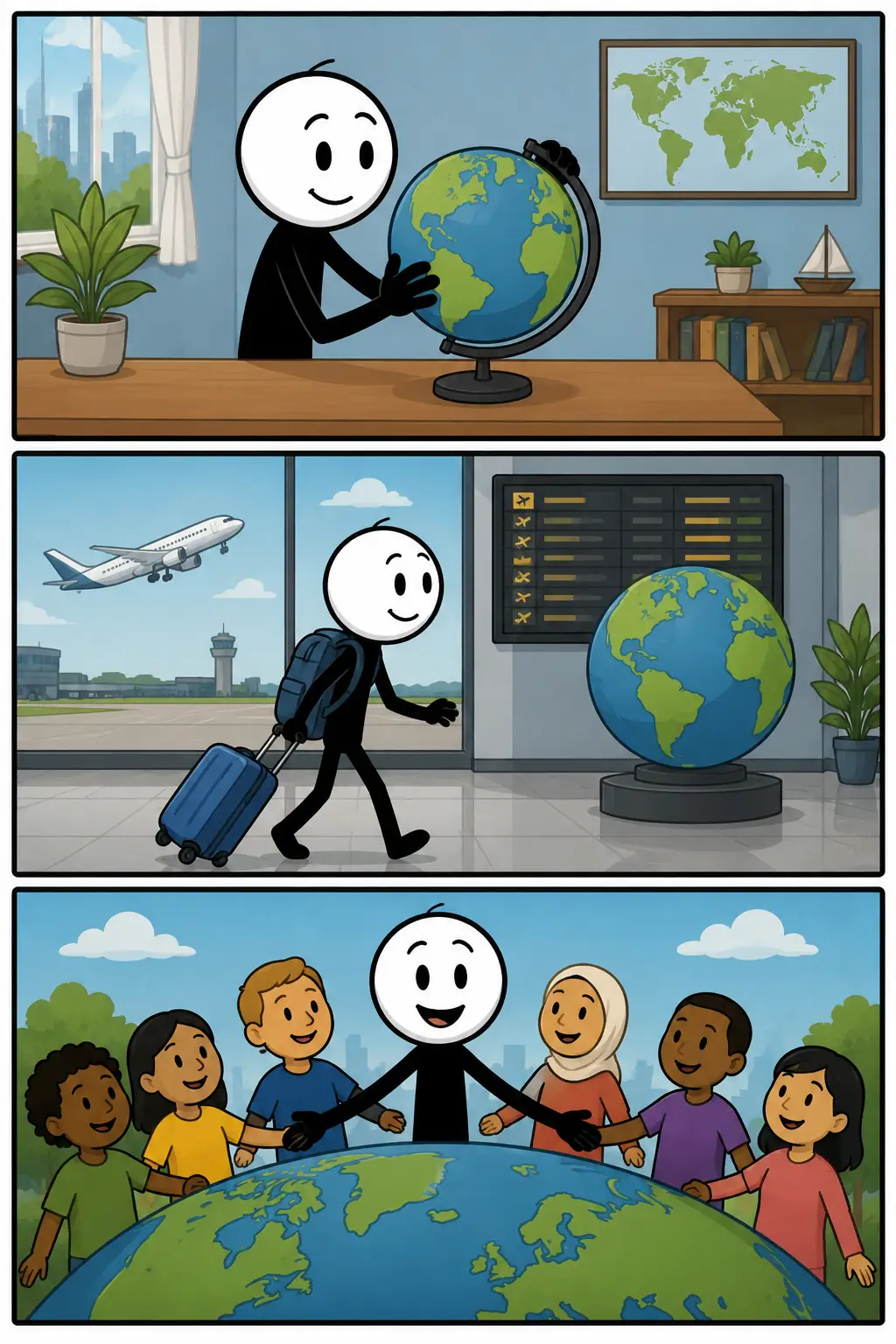 Drie panelen in Toonwords-stijl over wereldwijd. In het eerste paneel kijkt een stickman naar een grote wereldbol in een modern kantoor. In het tweede paneel reist dezelfde stickman langs verschillende plekken zoals een stad, strand en berggebied. In het derde paneel staat de stickman glimlachend tussen meerdere andere stickmannen uit verschillende delen van de wereld terwijl een grote aarde op de achtergrond zichtbaar is.