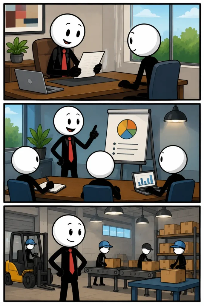 Een vrolijke Toonwords-strip met drie gekleurde panelen over werkgever. In het eerste paneel begroet een stickman met witte ronde kop en zwart lichaam nieuwe medewerkers bij een modern bedrijfsgebouw. In het tweede paneel bespreekt de werkgever plannen met werknemers aan een grote tafel in een creatieve werkruimte. In het derde paneel deelt de werkgever tevreden complimenten uit terwijl medewerkers lachend samenwerken in een lichte fabriekshal. Elk paneel heeft een ander decor en een positieve werksfeer.