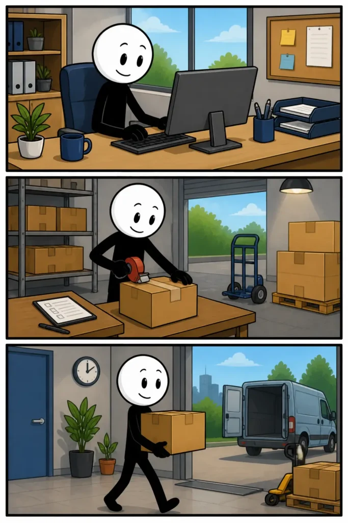 Een kleurrijke Toonwords-strip met drie panelen over werknemer. In het eerste paneel loopt een vrolijke stickman met witte ronde kop en zwart lichaam een kantoor binnen met een tas in de hand. In het tweede paneel werkt de werknemer geconcentreerd achter een bureau met een computer en documenten. In het derde paneel helpt de werknemer samen met collega’s bij het verplaatsen van dozen in een magazijn. Elk paneel heeft een ander decor en laat verschillende momenten van werken en samenwerken zien.