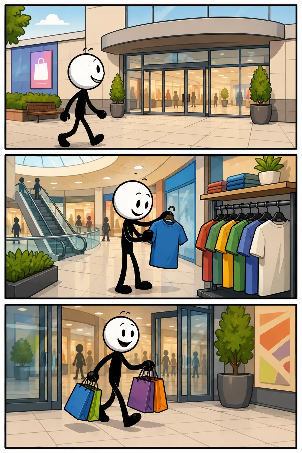 Een kleurrijke Toonwords-strip met drie panelen onder elkaar over Winkelcentrum. In het eerste paneel loopt een vrolijke stickman met boodschappentassen langs etalages en planten in een modern winkelcentrum. In het tweede paneel kijkt de stickman nieuwsgierig naar een grote winkelruit met kleding en lampen. In het derde paneel zit de stickman ontspannen op een bankje bij een fontein terwijl andere bezoekers voorbijlopen. De stickman heeft een witte kop, zwart lichaam en positieve gezichtsuitdrukkingen.