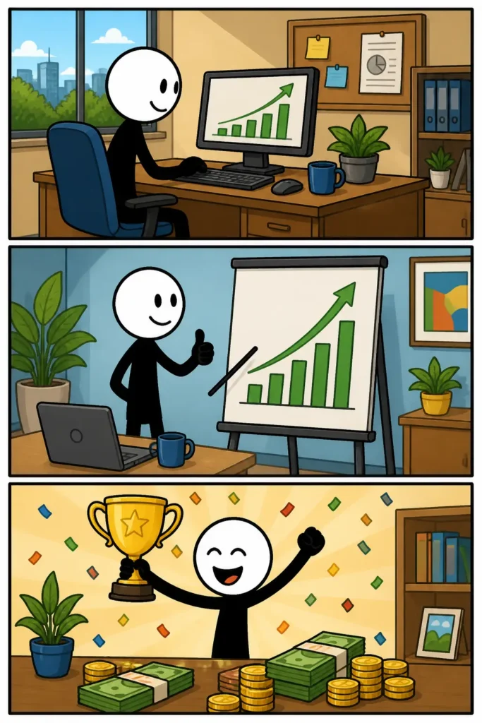 Een blije stickman telt geld en viert winst na een succesvolle actie waarbij opbrengst groter is dan de kosten.
