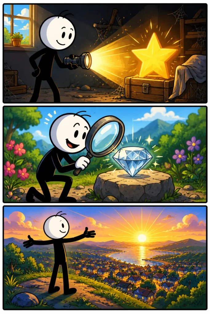 Een kleurrijke Toonwords-strip over het woord zichtbaar. In het bovenste paneel loopt een vrolijke stickman door een stad terwijl hij duidelijk opvalt tussen gebouwen en licht. In het middelste paneel gebruikt de stickman een zaklamp waardoor een grote schaduw zichtbaar wordt op de muur. In het onderste paneel staat de stickman op een verlicht podium voor een publiek terwijl alle aandacht op hem gericht is. De strip laat zien hoe zichtbaar betekent dat iets duidelijk te zien of op te merken is.