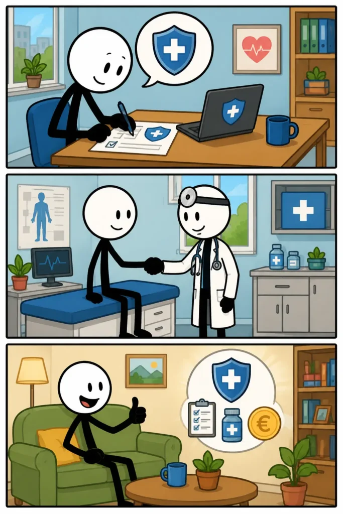 Een kleurrijke Toonwords-strip met drie panelen onder elkaar over het woord “Ziektekostenverzekering”. Een stickman met witte ronde kop en zwart lichaam bevindt zich in verschillende situaties rondom medische zorg. In het eerste paneel kijkt hij bezorgd bij een medische rekening. In het tweede paneel ontvangt hij hulp van een arts in een moderne praktijkruimte. In het derde paneel loopt hij opgelucht en tevreden weg terwijl alles geregeld lijkt. De strip laat zien hoe een ziektekostenverzekering ondersteuning biedt bij medische kosten en zorg.