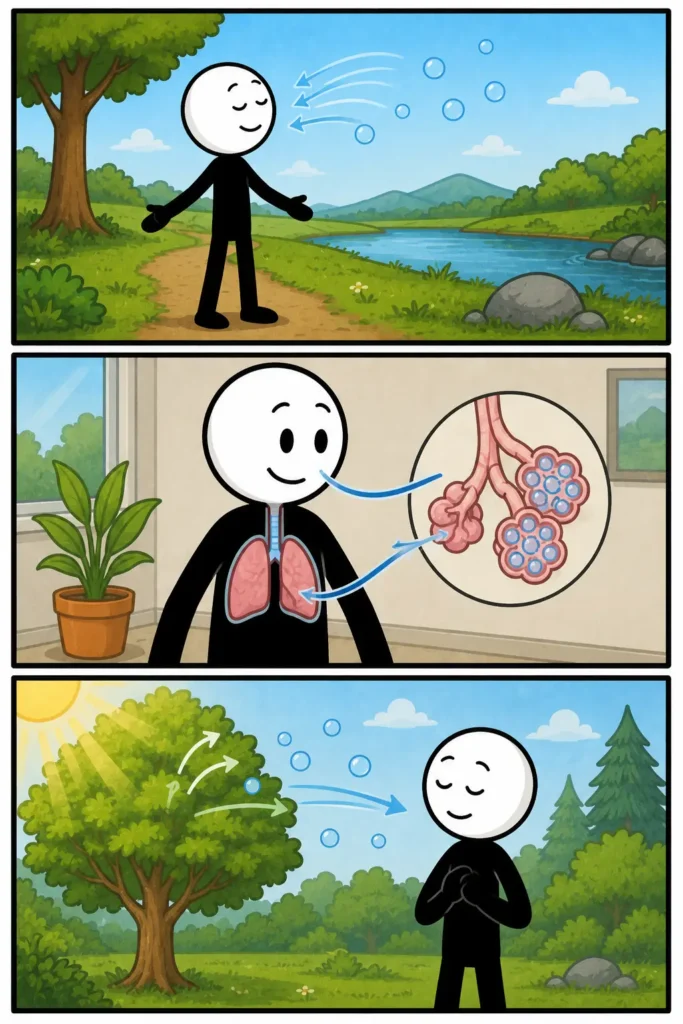 Een Toonwords-strip met drie panelen over zuurstof. In het eerste paneel ademt een stickman rustig frisse lucht in bij een rivier en bomen in de natuur. In het tweede paneel wordt uitgelegd hoe lucht via de longen het lichaam binnenkomt met een close-up van longblaasjes. In het derde paneel geeft een grote boom zuurstof af terwijl de stickman ontspannen buiten staat te ademen in het zonlicht. De strip laat zien hoe zuurstof uit de natuur belangrijk is voor ademhaling en het menselijk lichaam.