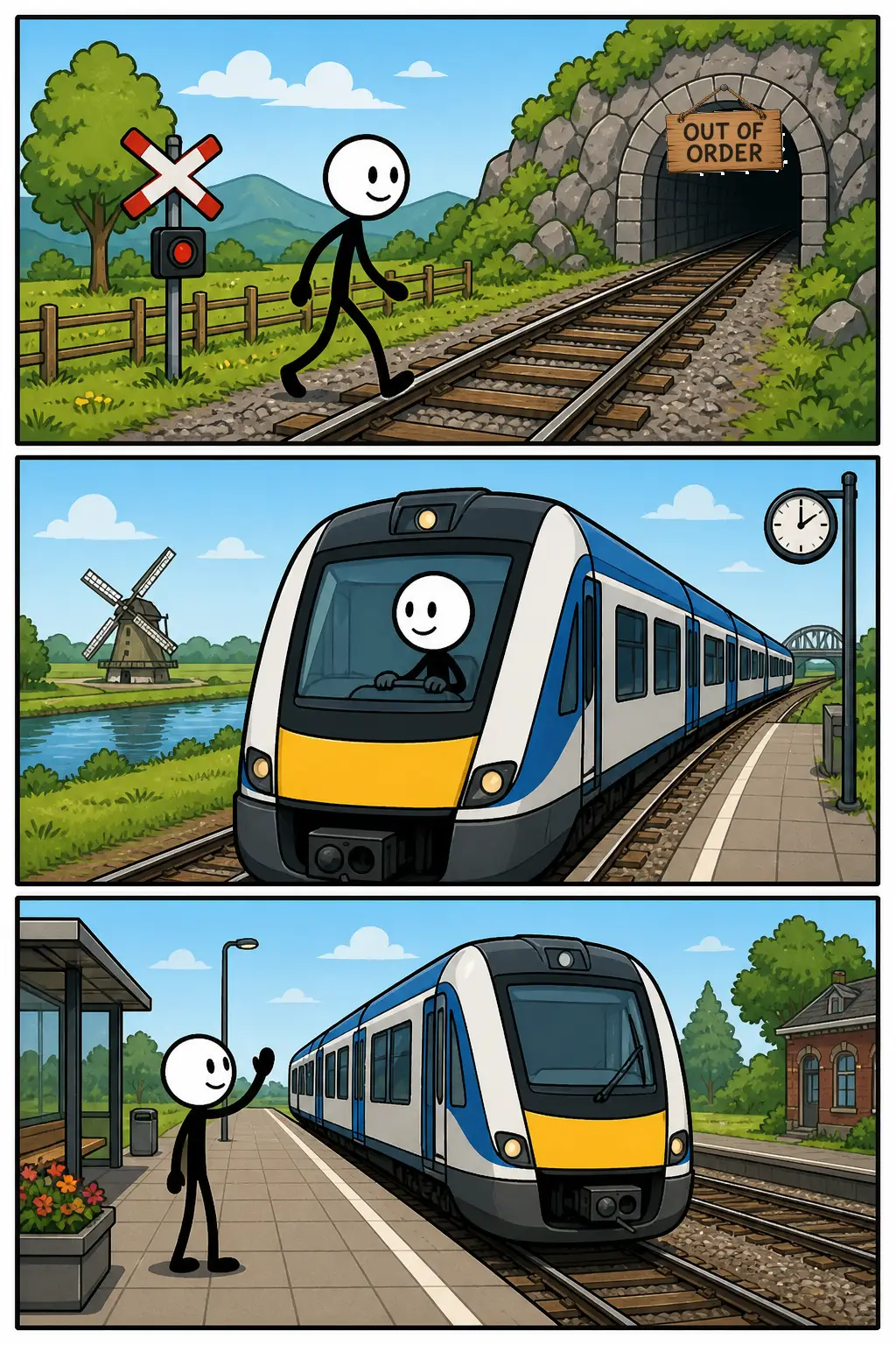 Een vrolijke stickman staat veilig bij een spoorwegovergang met gesloten slagbomen terwijl een trein over de spoorweg langs een tunnel rijdt.