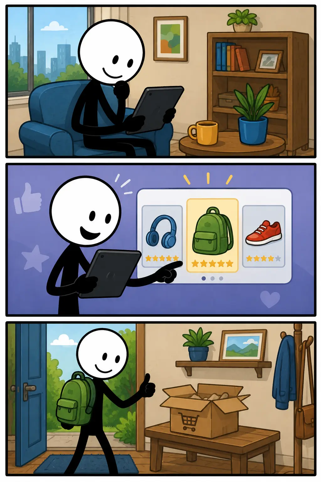 Aanbeveling: een Toonwords-strip met drie panelen onder elkaar. Een stickman doet eerst ervaring op met een product of dienst, deelt daarna zijn positieve mening met een ander en ziet vervolgens hoe die persoon dezelfde keuze maakt. De afbeelding laat zien hoe een aanbeveling wordt gegeven op basis van ervaring en vertrouwen, waardoor anderen geholpen worden bij het maken van een keuze.