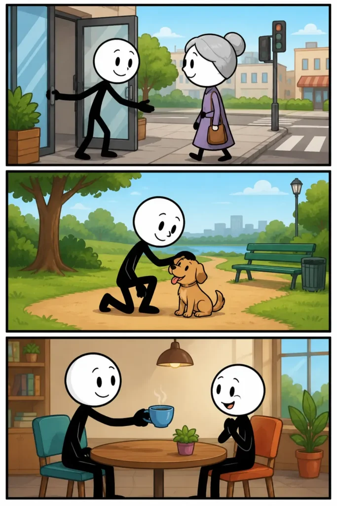 Toonwords-afbeelding over Aardig. Een stickman met witte kop en zwart lichaam helpt anderen op drie verschillende momenten. In het eerste paneel wordt vriendelijk hulp aangeboden in een park. In het tweede paneel wordt iets gedeeld in een kleurrijke omgeving. In het derde paneel zorgt een vriendelijke houding voor blije reacties van anderen. De sfeer is positief, warm en behulpzaam.