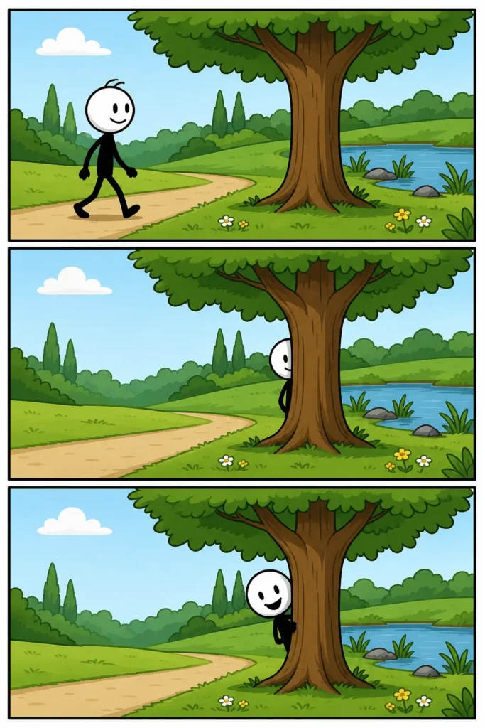 Toonwords-strip van Achter: een stickman loopt naar een boom, gaat erachter staan en steekt daarna met een vrolijke kiekeboe zijn hoofd achter de boom vandaan in een groen parklandschap.