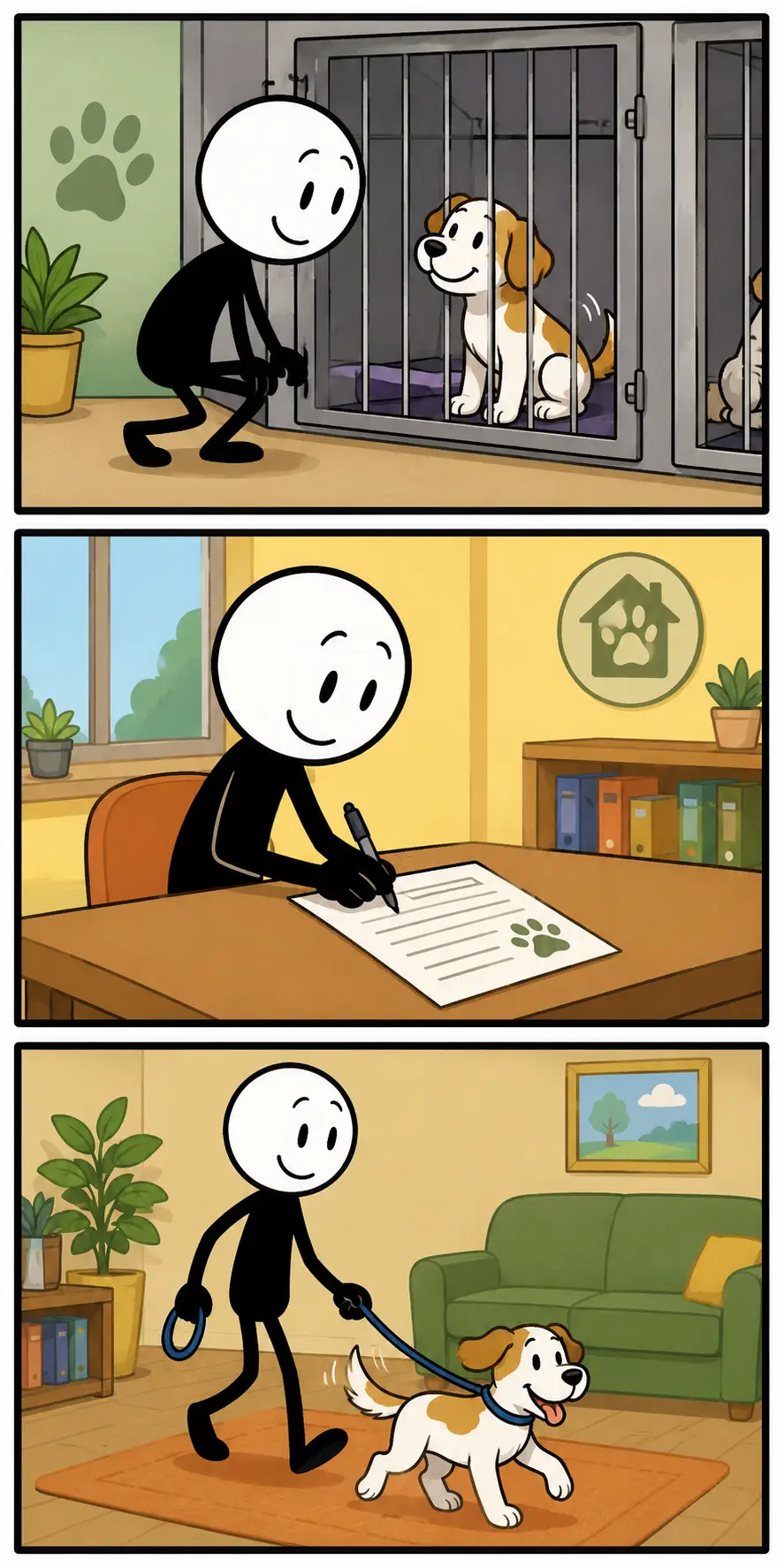 Toonwords-strip over Adopteren. In drie panelen staat een stickman in een nieuw decor. Eerst ontmoet hij een kind in een warme omgeving, daarna wordt een officiële overeenkomst geregeld en in het laatste paneel vormen zij samen een gelukkig gezin. De strip laat zien hoe adopteren kan leiden tot een nieuwe familieband en een blijvende plek binnen een gezin.