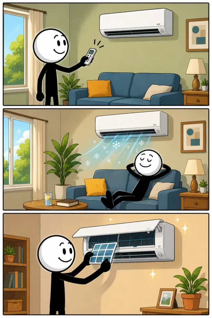 Stripafbeelding van een airco in drie panelen: eerst wordt de airco met een afstandsbediening ingeschakeld, daarna zorgt de koele lucht voor een aangename temperatuur en tot slot wordt het filter schoongemaakt voor goed onderhoud.