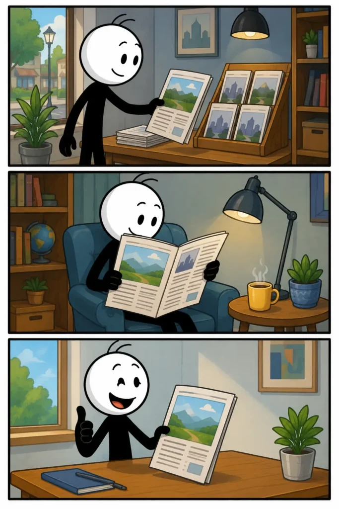 Een stickman bekijkt een artikel, leest het aandachtig in een comfortabele stoel en toont daarna tevreden het gelezen artikel.