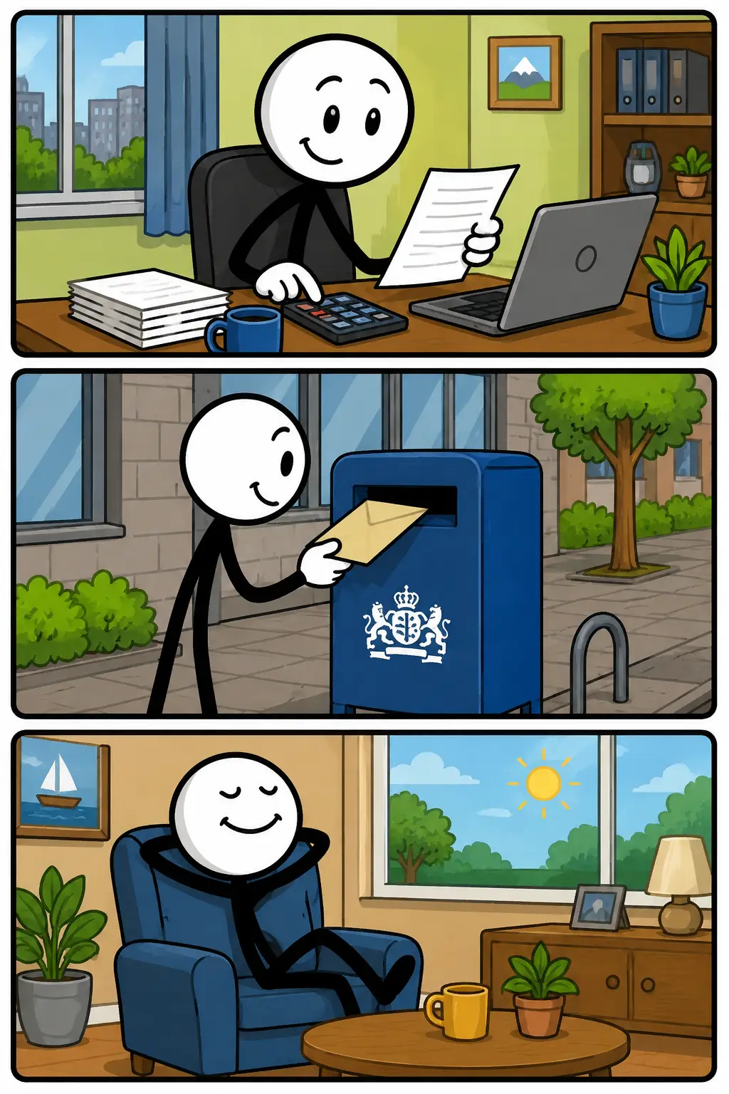 Belasting. Een Toonwords-strip met drie panelen onder elkaar. Een stickman ontvangt inkomen, levert daarna een deel af bij een belastingkantoor en ziet vervolgens dat openbare voorzieningen zoals wegen, verlichting en diensten beschikbaar zijn. Kleurrijke omgeving, zwarte kaders, witte kop en zwart lichaam, positieve Toonwords-stijl.