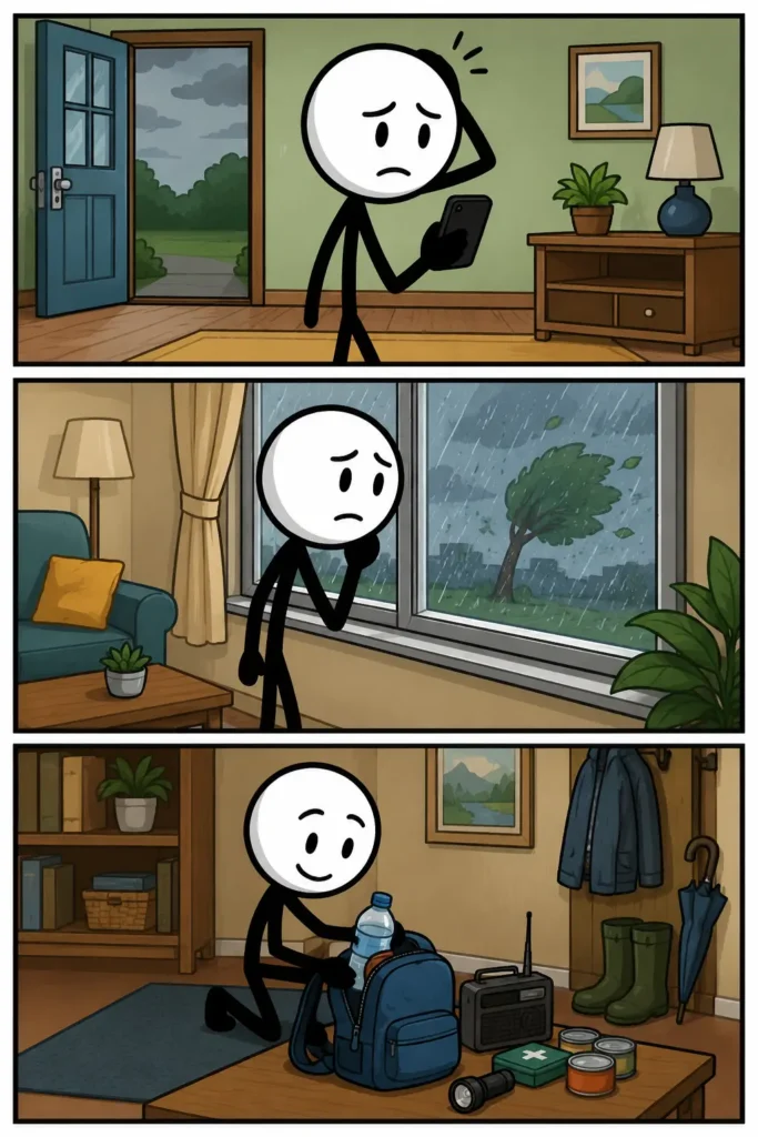 Bezorgd: een Toonwords-strip met drie panelen onder elkaar. Een stickman kijkt nadenkend naar een situatie, controleert aandachtig of alles goed gaat en voelt zich verantwoordelijk voor wat er kan gebeuren. De gezichtsuitdrukking toont lichte spanning en aandacht, terwijl de omgeving in elk paneel anders is. De afbeelding laat het gevoel van bezorgdheid en zorg voor anderen of omstandigheden zien.