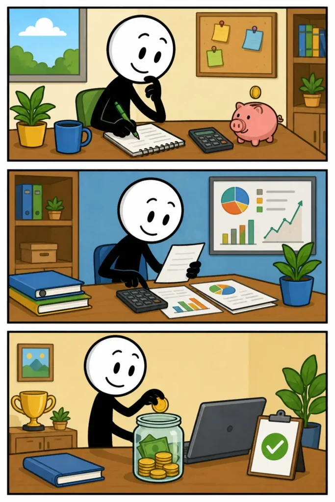 Budget. Een stickman maakt een financieel plan aan een bureau. Daarna worden inkomsten en uitgaven vergeleken met behulp van berekeningen en overzichten. In het laatste paneel wordt geld opzijgezet en is zichtbaar dat de planning helpt om financiële doelen op een georganiseerde manier te bereiken.
