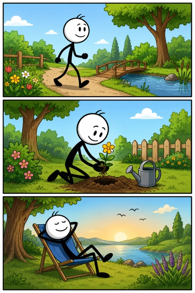 Toonwords-afbeelding van Buiten: een stickman bevindt zich in drie verschillende buitensituaties in een kleurrijke omgeving. In het eerste paneel stapt hij vrolijk naar buiten, in het tweede paneel beweegt hij zich actief door de open ruimte en in het derde paneel geniet hij ontspannen van de frisse buitenomgeving. Elk paneel heeft een ander decor en toont een positief moment in de open lucht.