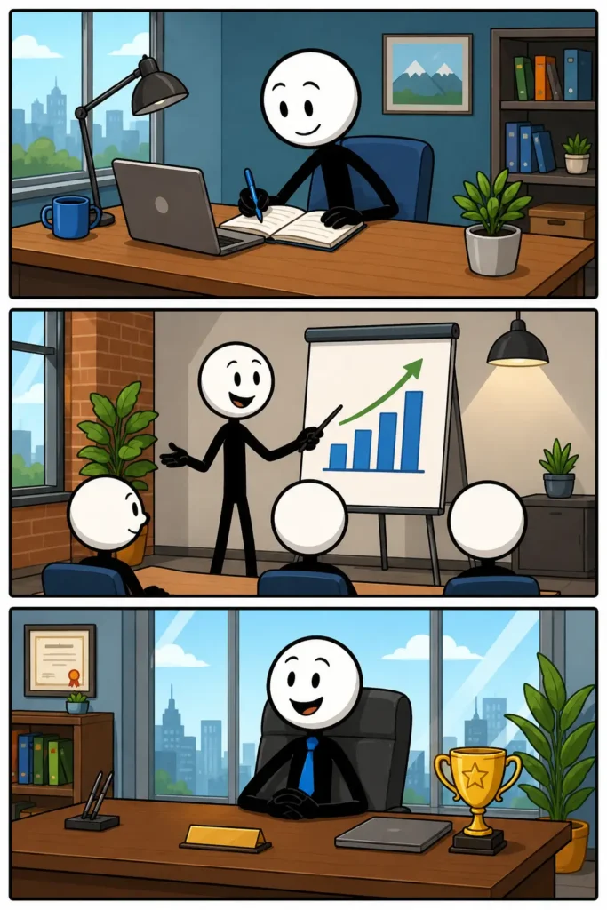 Carrière: een Toonwords-strip met drie panelen. In het eerste paneel werkt een stickman geconcentreerd aan een bureau met laptop en notitieboek. In het tweede paneel presenteert hij een groeiende grafiek aan een groep luisteraars tijdens een bijeenkomst. In het derde paneel zit hij trots achter een directiebureau met een beker als symbool voor succes en ontwikkeling binnen zijn loopbaan.