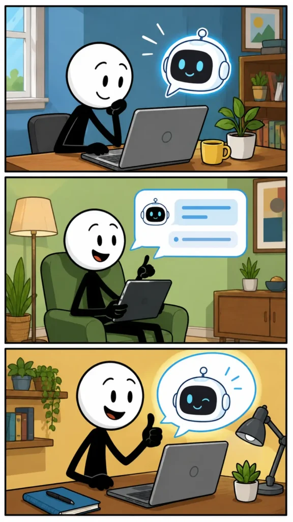 Chatbot-strip met drie panelen: een stickman ontdekt een digitale assistent op een laptop, voert een gesprek via een tablet en ontvangt behulpzame antwoorden. In het laatste paneel reageert de stickman tevreden terwijl de chatbot vriendelijk terugkijkt vanuit een scherm in een warme werkomgeving.