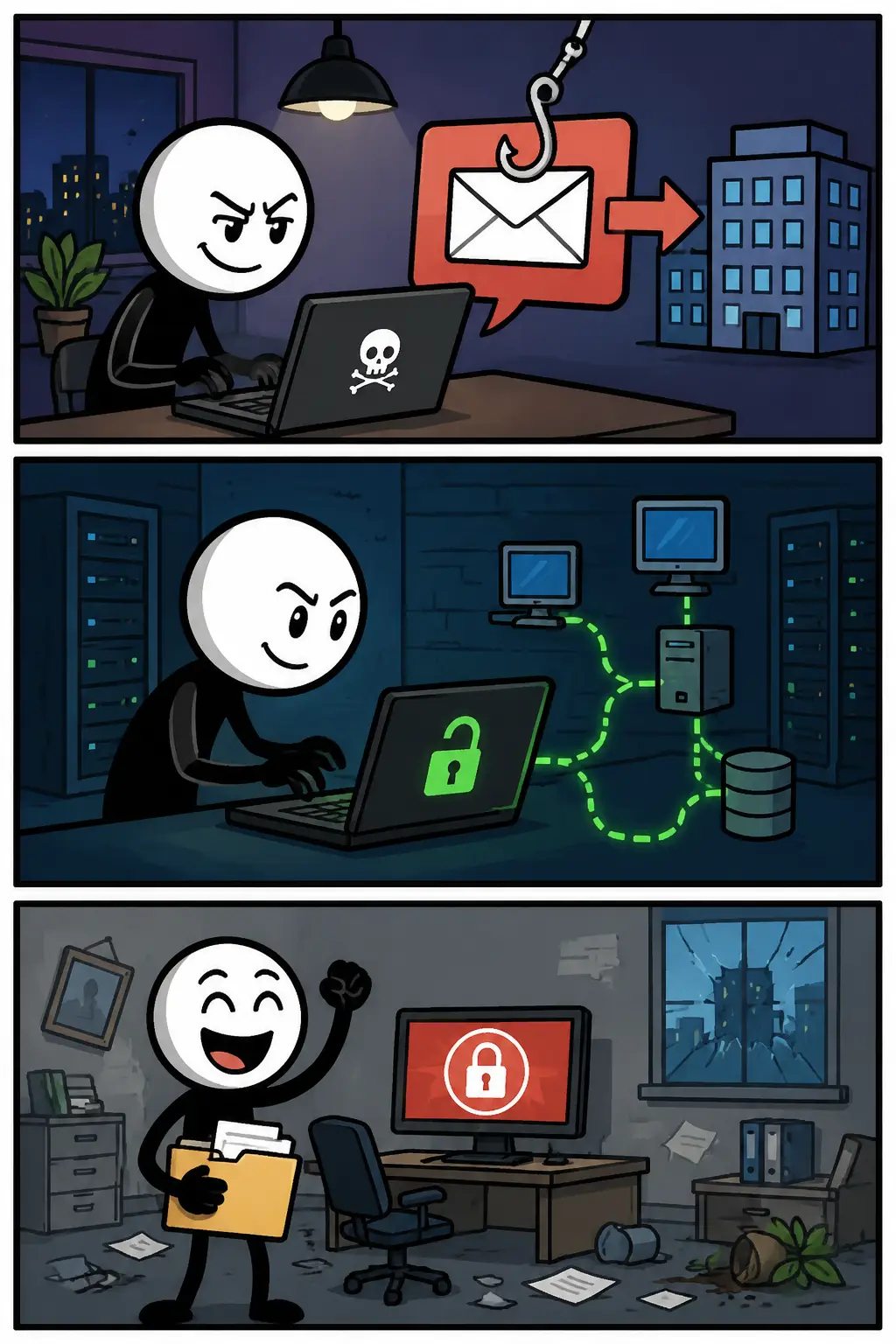Alt-tekst: Cyberaanval strip met drie panelen waarin een digitale aanval op een netwerk stap voor stap wordt getoond