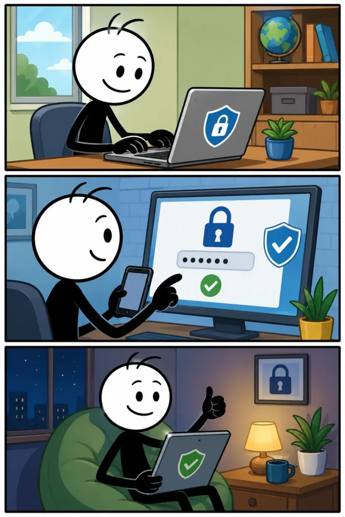 Cyberveiligheid: een stickman werkt op een laptop met een beveiligingsschild, gebruikt daarna extra verificatie op een computerscherm met een telefoon en ontspant vervolgens tevreden met een beveiligde tablet in een gezellige kamer. De drie panelen tonen het beschermen van digitale gegevens en veilig internetgebruik.