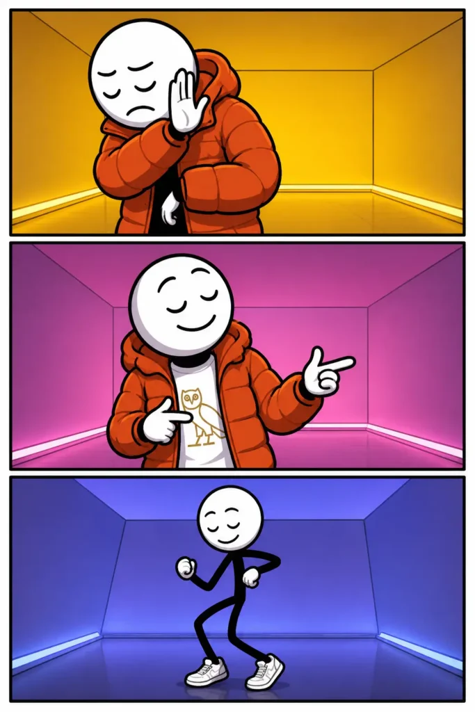 Een kleurrijke Toonwords-strip over Drake Hotline Bling met drie panelen. In het eerste paneel wijst een stickman iets af met een afwerend gebaar. In het tweede paneel kiest hij juist enthousiast voor iets met een bekende wijzende houding. In het derde paneel danst hij ontspannen in een verlichte ruimte, als verwijzing naar de iconische videoclip en het populaire internetmeme.