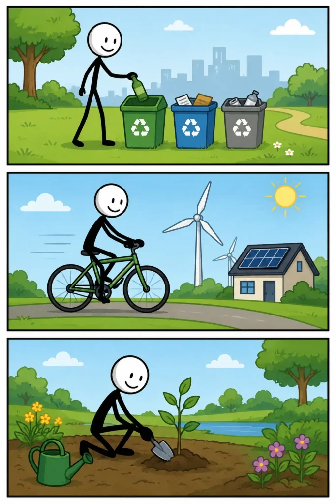 Duurzaamheid – een strip met drie panelen waarin zorgvuldig afval wordt gescheiden, milieuvriendelijk vervoer wordt gebruikt en een jonge boom wordt geplant als bijdrage aan een groenere toekomst.