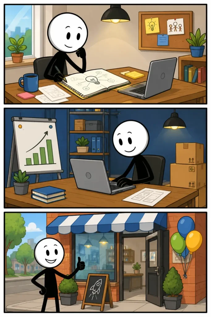 Een bedrijf opzetten: een kleurrijke strip met drie panelen waarin een stickfiguur een idee uitwerkt, een onderneming opbouwt en trots de opening van een eigen bedrijf viert.