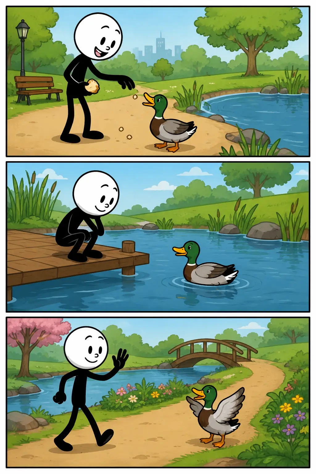 Eend. Drie panelen onder elkaar. Een Toonwords-stickman met witte kop, twee ogen en een mond kijkt naar een eend bij een natuurplas. In het tweede paneel zwemt de eend rustig over het water terwijl de stickman toekijkt. In het derde paneel loopt de eend verder langs de oever in een groen landschap. Elk paneel heeft een zwart kader en een ander moment van dezelfde ontmoeting.