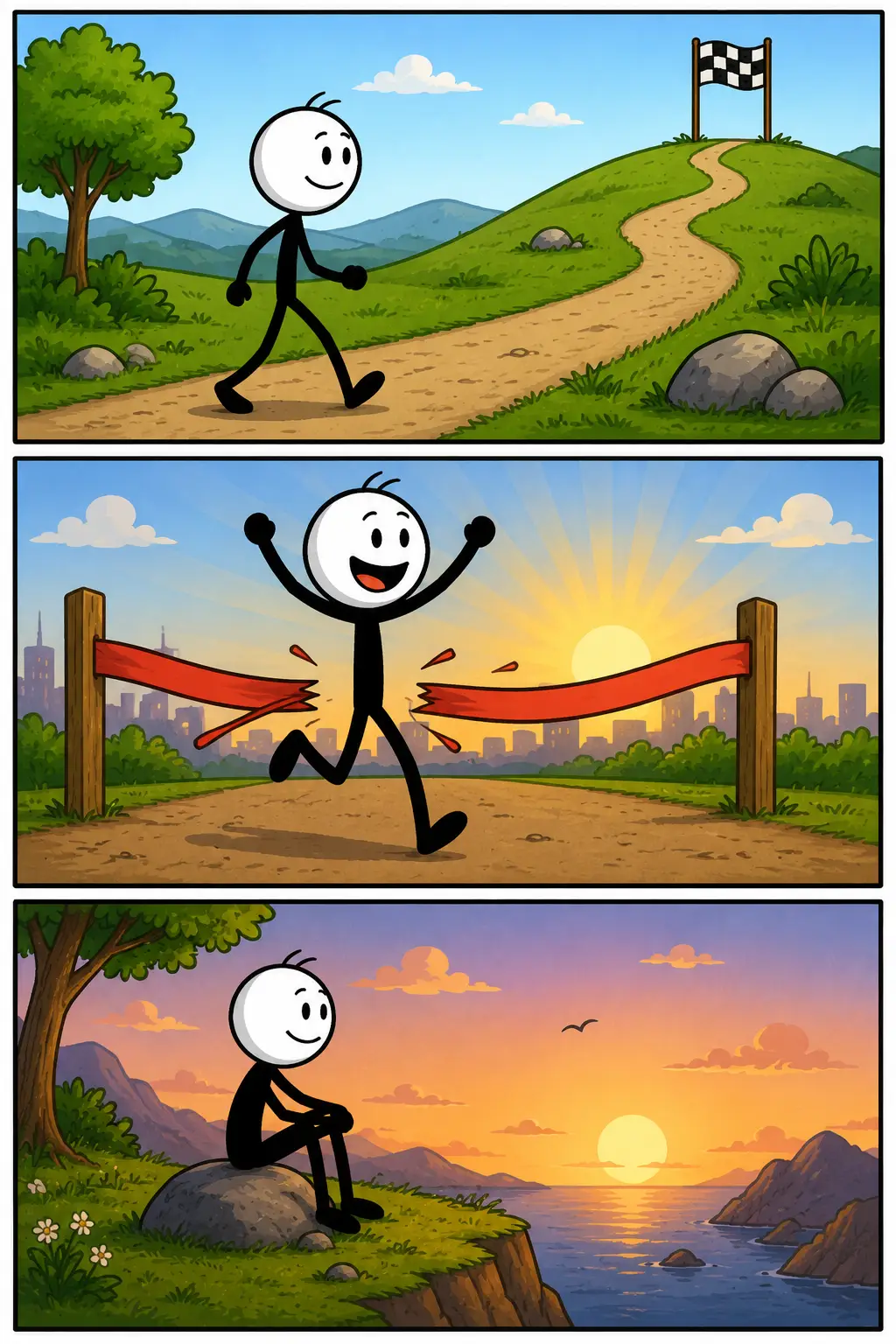Toonwords-afbeelding van Einde: een stickman doorloopt drie momenten van een traject. Eerst beweegt hij richting een eindpunt, daarna bereikt hij het doel met een vrolijke reactie, en ten slotte zit hij rustig te genieten van het afgeronde resultaat terwijl de zon ondergaat. De strip laat zien hoe een proces, activiteit of periode tot een natuurlijke afsluiting komt.