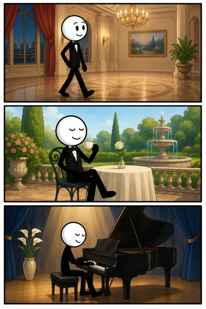 Driepanelige Toonwords-strip over Elegantie. In het eerste paneel loopt een stickman zelfverzekerd door een stijlvolle zaal in nette kleding. In het tweede paneel zit de stickman ontspannen aan een verzorgd terras met een rustige en verfijnde uitstraling. In het derde paneel speelt de stickman piano op een podium met een kalme en harmonieuze sfeer. De strip laat zien hoe elegantie zichtbaar wordt door houding, verzorging, rust en verfijnde handelingen.