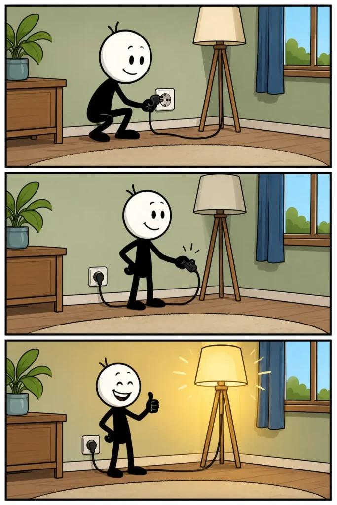 Stripafbeelding van Elektrisch: een stickman sluit een staande lamp aan op een stopcontact, bedient de schakelaar en laat de lamp vervolgens branden in een gezellige kamer.