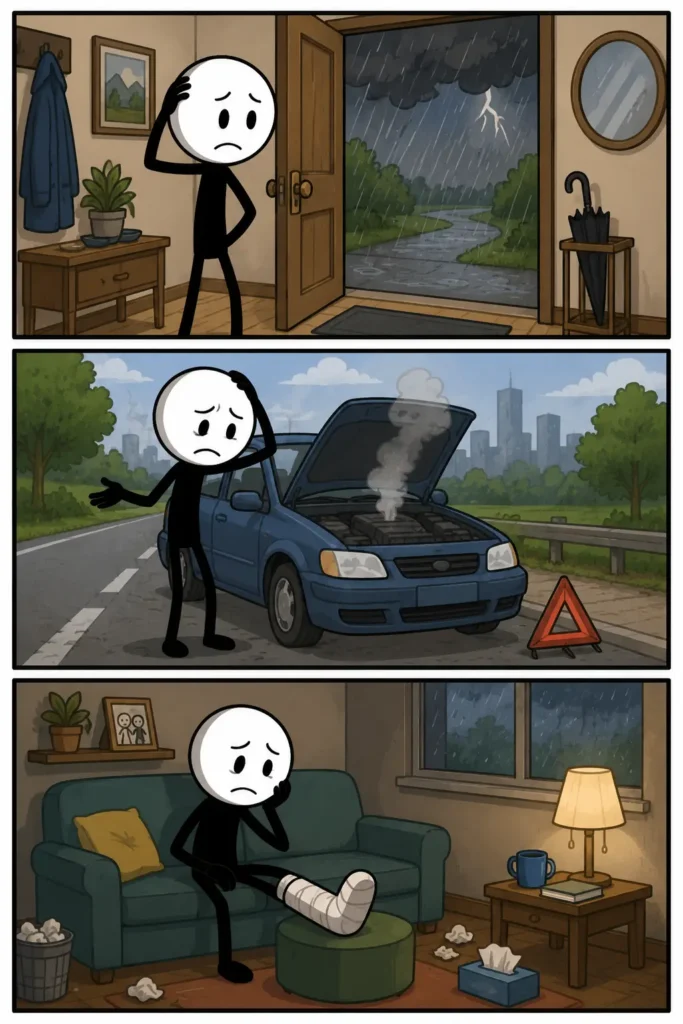 Ellende: een kleurrijke strip met drie panelen waarin een stickfiguur te maken krijgt met tegenslag door slecht weer, autopech en een blessure, waardoor moeilijke momenten elkaar opvolgen.